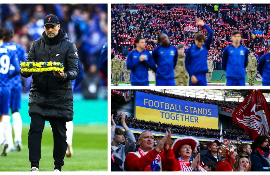 Momente emoționante înainte de Chelsea – Liverpool, finala Cupei Ligii Angliei! Imagini sfâșietoare pe Wembley, în semn de solidaritate pentru ucraineni. Soldații au îngenunchiat pe teren